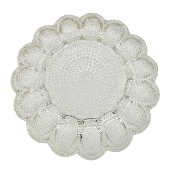 Deviled Eggs Plate Clear Glass Dimpled Holds 15 Eggs 11" Round - Picture 3 of 7
